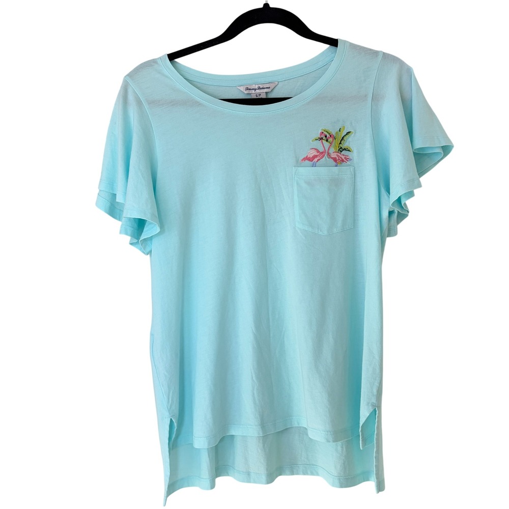 Tommy Bahama Blue Short Sleeve Tee Women's S Flutter Sleeve Flamingo Embroidered